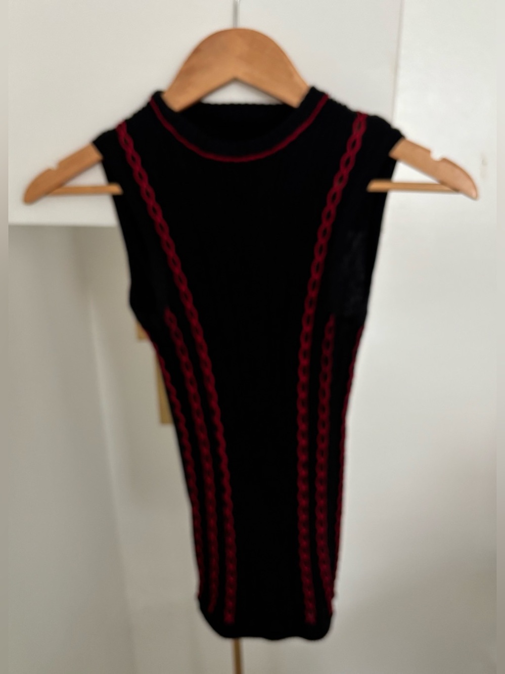 Versace Black Ribbed Sleeveless Top with Red Stitch Accents